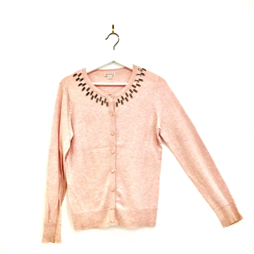Women's Pink Crystal Embellished Chic Sweater Sz M Barbiecore Feminine